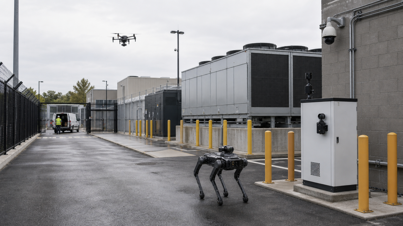 Coordinated ground robot and drone operating across a data center service yard