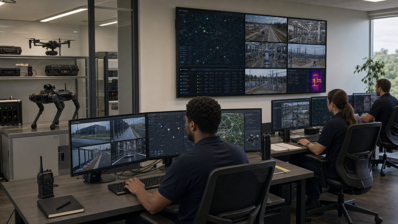 Remote operations center monitoring robotic missions across data center, industrial, and energy sites